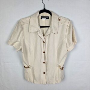 Vintage Donna Morgan Womens Blouse Size 12P Beige Button Front Safari Linen Wood